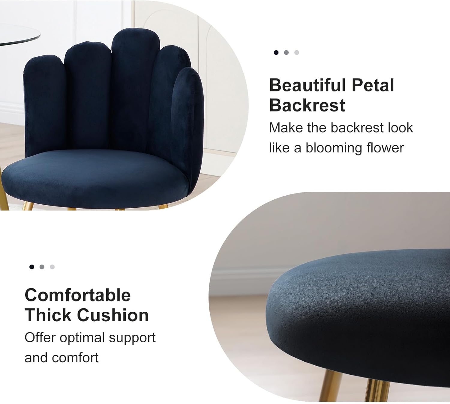 Dining Chairs Set of 2, Velvet Upholstered Side Chairs with Petal Back, Kitchen Chairs with Metal Legs