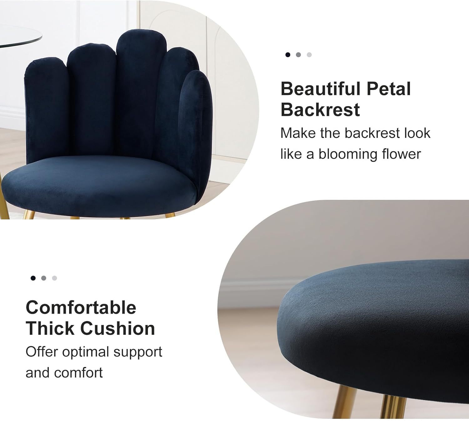 Dining Chairs Set of 2, Velvet Upholstered Side Chairs with Petal Back, Kitchen Chairs with Metal Legs