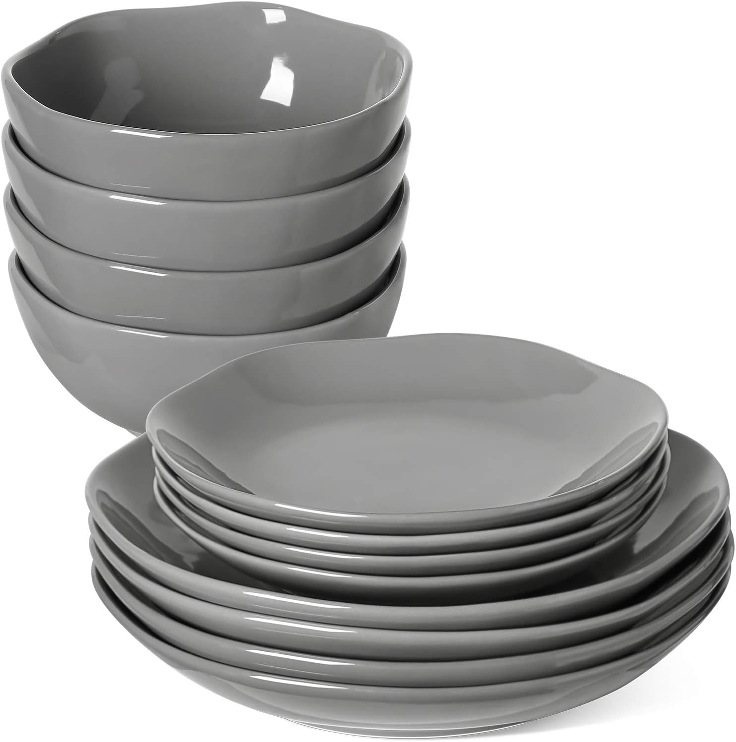 Dinnerware Sets 12 Piece, Serve for 4, Ceramic Plates and Bowls Set (10" Dinner Plates + 8" Salad Dish + 22 oz Bowl) x 4, Suit For House Warming Wedding, Dishwasher Microwave Oven safe - Grey