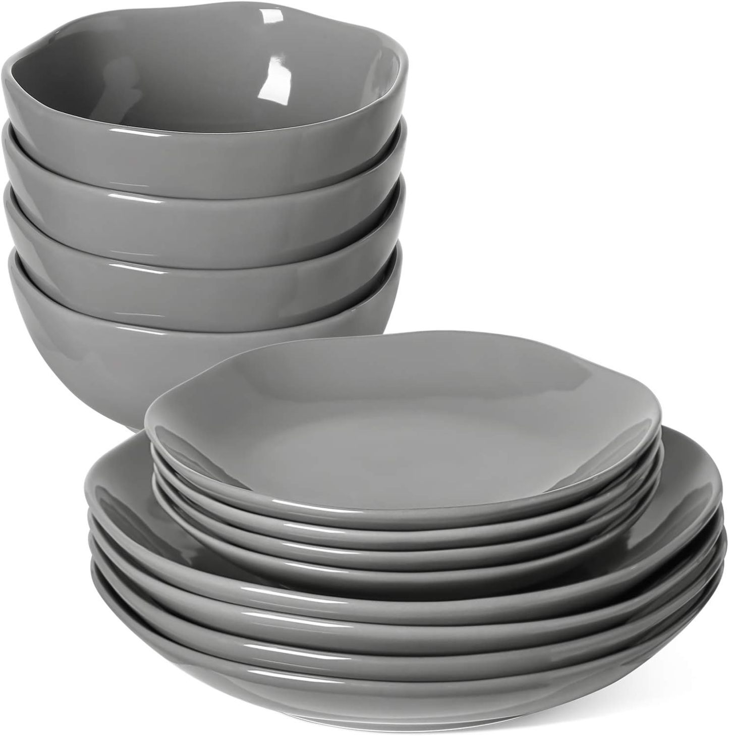 Dinnerware Sets 12 Piece, Serve for 4, Ceramic Plates and Bowls Set (10" Dinner Plates + 8" Salad Dish + 22 oz Bowl) x 4, Suit For House Warming Wedding, Dishwasher Microwave Oven safe - Grey