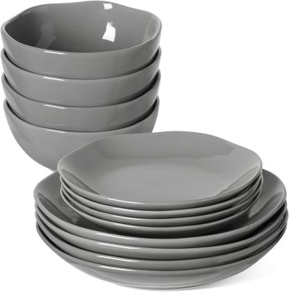 Dinnerware Sets 12 Piece, Serve for 4, Ceramic Plates and Bowls Set (10" Dinner Plates + 8" Salad Dish + 22 oz Bowl) x 4, Suit For House Warming Wedding, Dishwasher Microwave Oven safe - Grey
