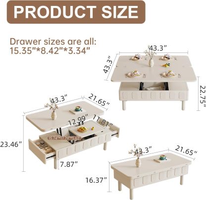 43.3" Modern Coffee Table, White Lift Top Coffee Table for Living Room, Boho Lift Table with Hidden Compartment and Adjustable Storage Shelf