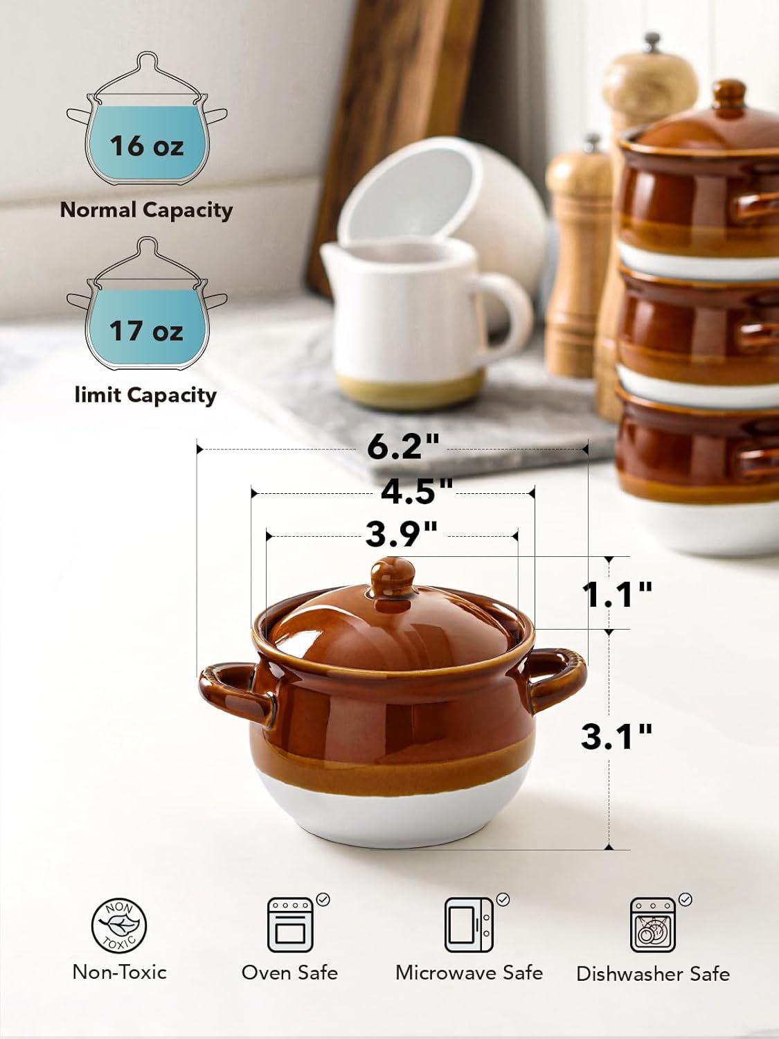 French Onion Soup Bowls with Lid, 16 Oz French Onion Soup Crocks Oven Safe Ceramic Soup Bowls with Handles for Soup, Chili, Beef Stew, Cereal, Pot Pies, Set of 4