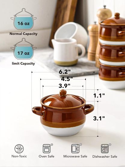 French Onion Soup Bowls with Lid, 16 Oz French Onion Soup Crocks Oven Safe Ceramic Soup Bowls with Handles for Soup, Chili, Beef Stew, Cereal, Pot Pies, Set of 4