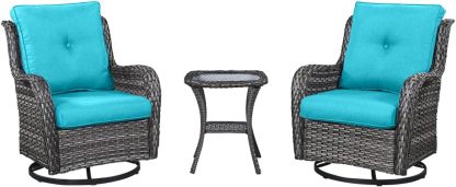 3-Piece Swivel Rocking Rattan Chair Outdoor,Patio Bistro Furniture Conversation Set,Wicker Chair with Glass Side Table