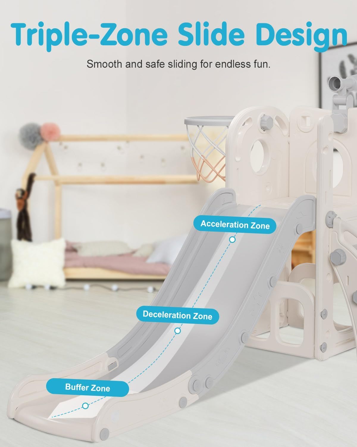 6 in 1 Kids Indoor Slide for Toddlers 1-3, Baby Indoor and Outdoor Climber Playset, Kids Slide with Basketball Hoop and Telescope