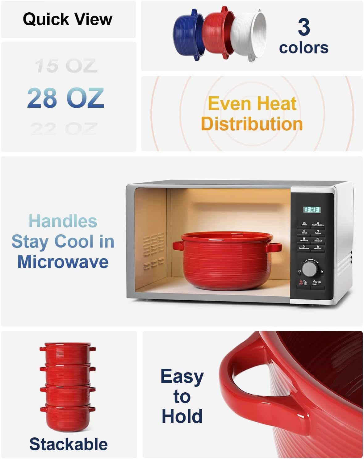 Soup Bowls with Handles, Ceramic French Onion Soup Bowls 28 Ounces for Soup, Cereal, Chilli, Beef Stew, Stackable Serving Bowls Set