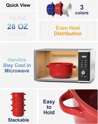 Soup Bowls with Handles, Ceramic French Onion Soup Bowls 28 Ounces for Soup, Cereal, Chilli, Beef Stew, Stackable Serving Bowls Set