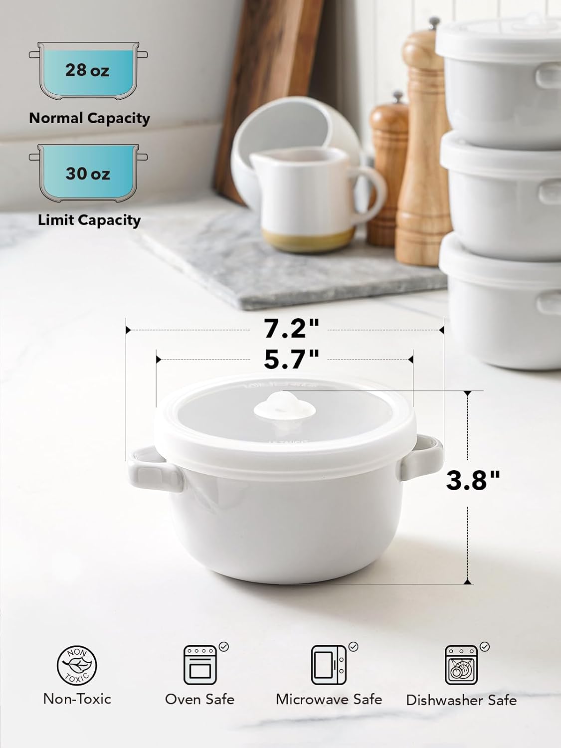 Soup Bowls With Handles 28 oz and Silicone Lids, French Onion Soup Bowl for Chili, Beef Stew, Cereal, Ceramic Soup Crocks oven Safe