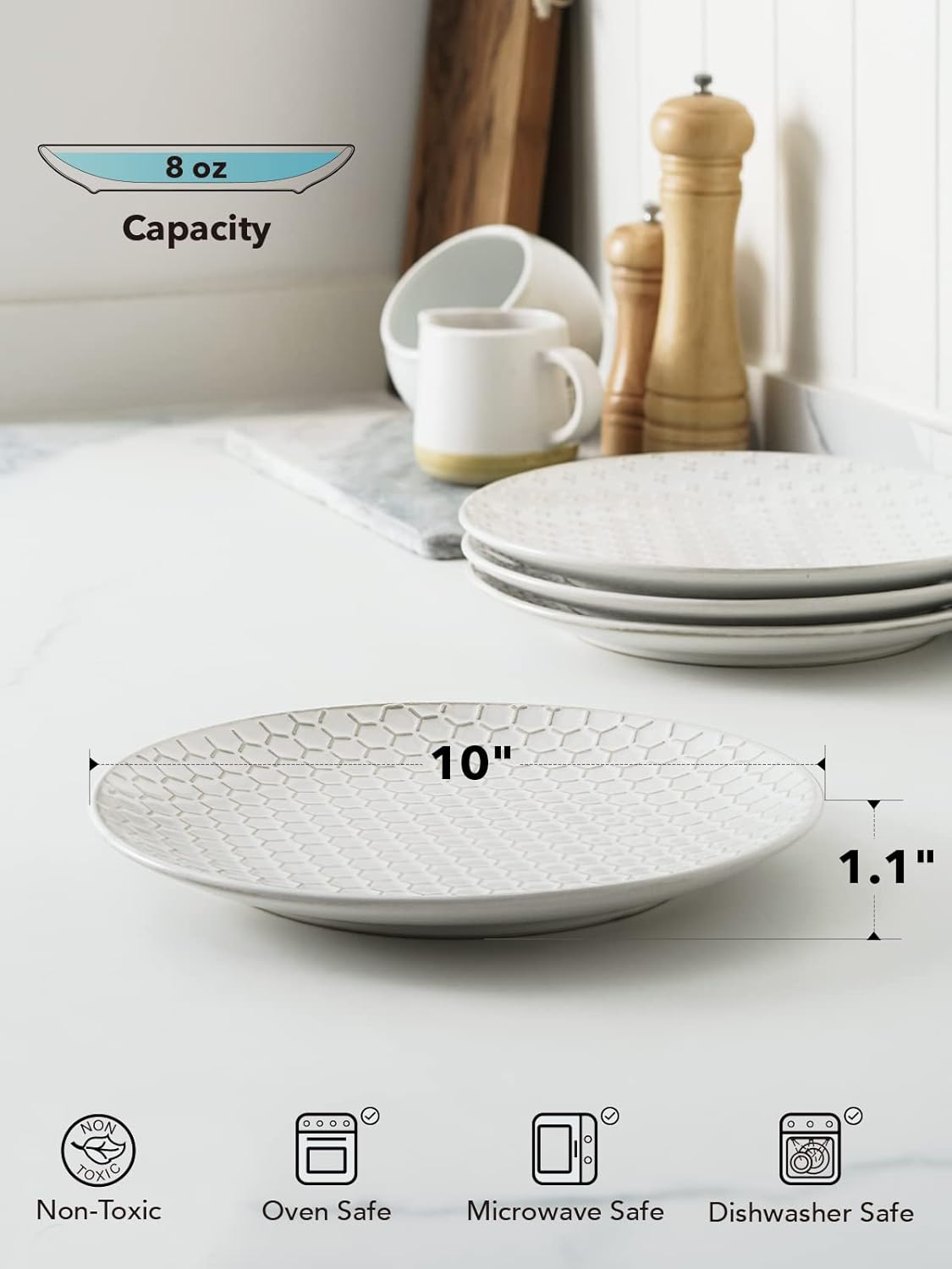 Dinner Plates 10 Inch, Ceramic Dish Set for Kitchen, Embossed Serving Dish, Microwave Oven Dishwasher Safe, For Housewarming or Wedding - Set of 4, Arctic white