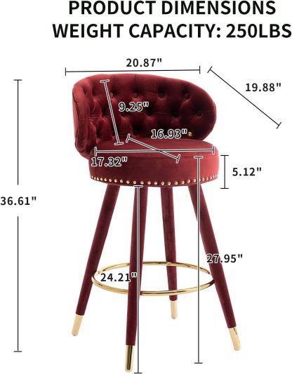 Velvet Bar Stools Set of 2, Counter Height Bar Stools, Retro Wooden Pub Barstools with Back and Footrest