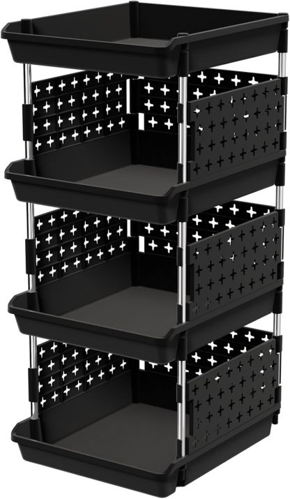 Stackable Storage Bins, 4 Tier Stackable Baskets for Closet, Playroom, Kitchen, Food, and Pantry Organization