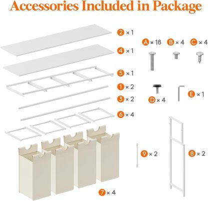 Laundry Hamper 4 Section, 168L Pull out Laundry Clothes Basket Organizer with Shelves and 4 Removable Bags and Handles