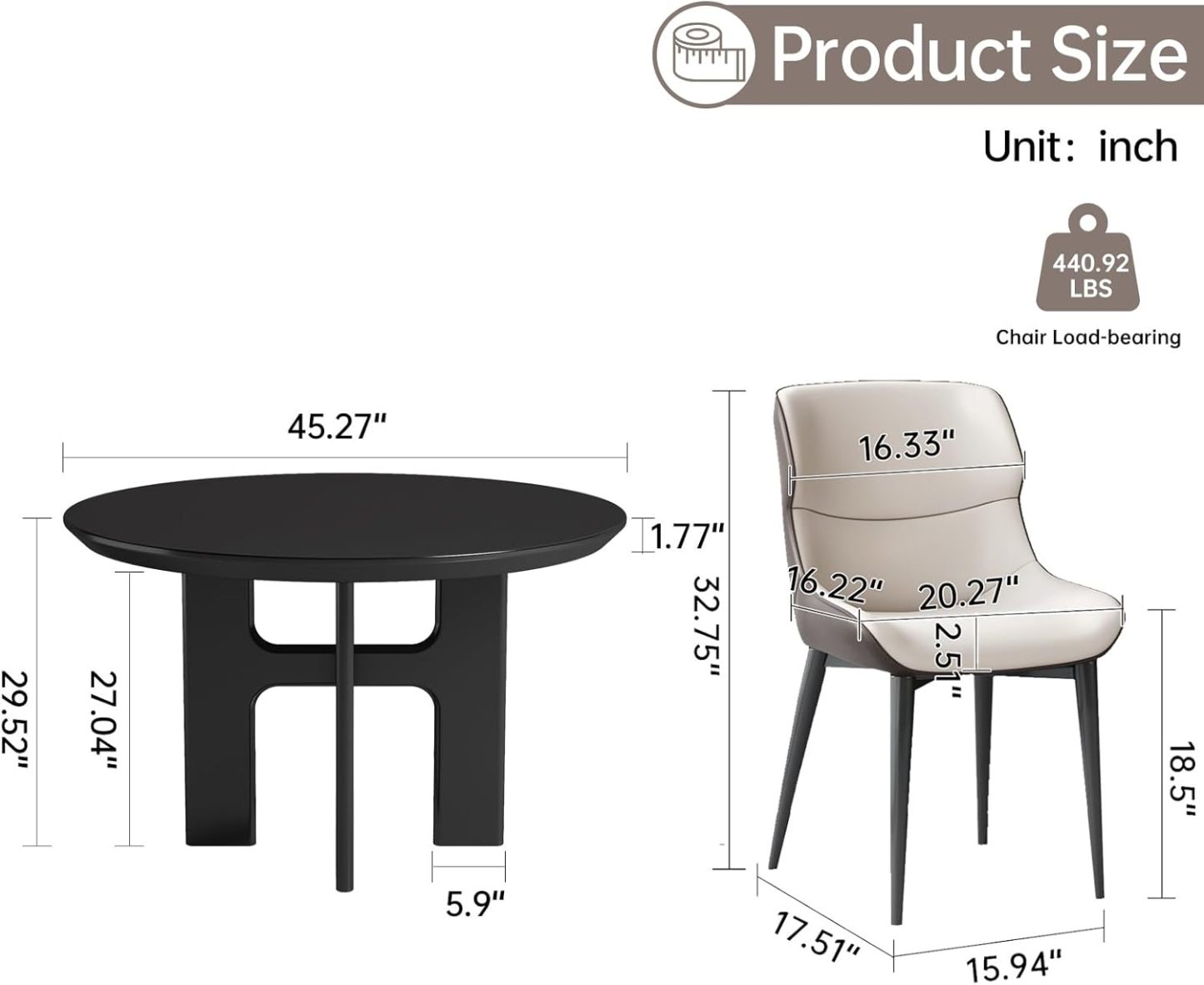 Round Dining Table Set for 4, Black Dining Room Table with 4 Chairs, Comfy Ergonomic Dining Chairs