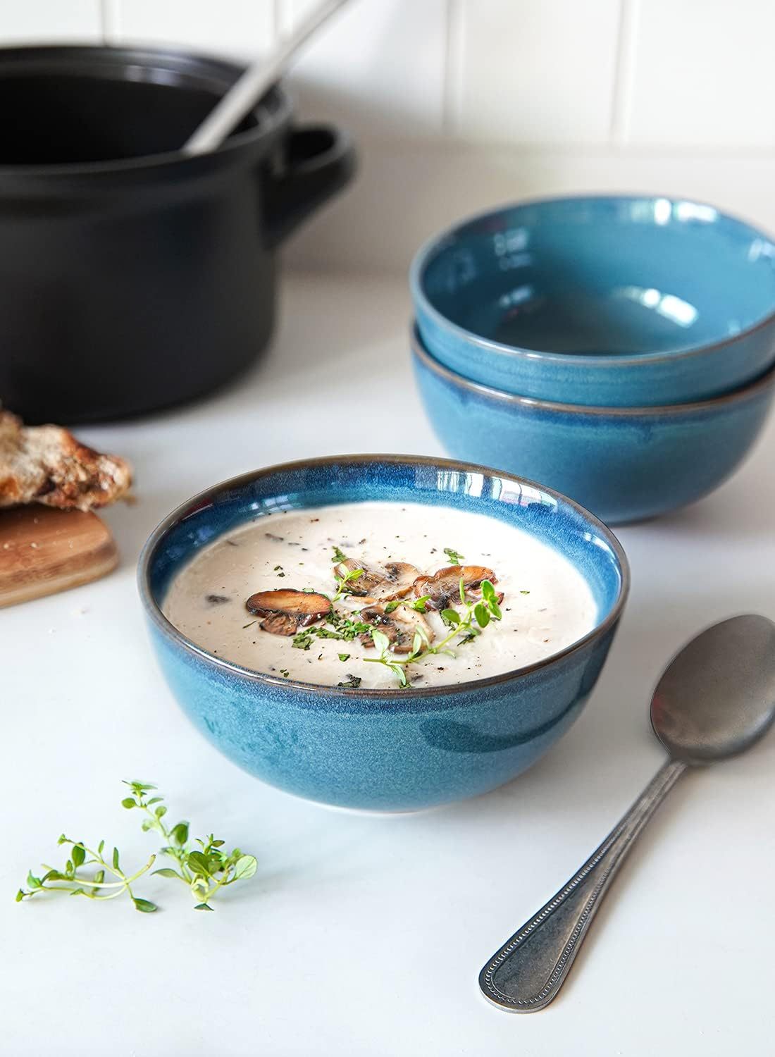 Cereal Bowls 6 Inch, Ceramic Bowl Set for Soup, Dessert, Fruits, Salad, Noodle, Ramen, 22 Ounce Bowls for Kitchen, Set of 4, Ceylon blue