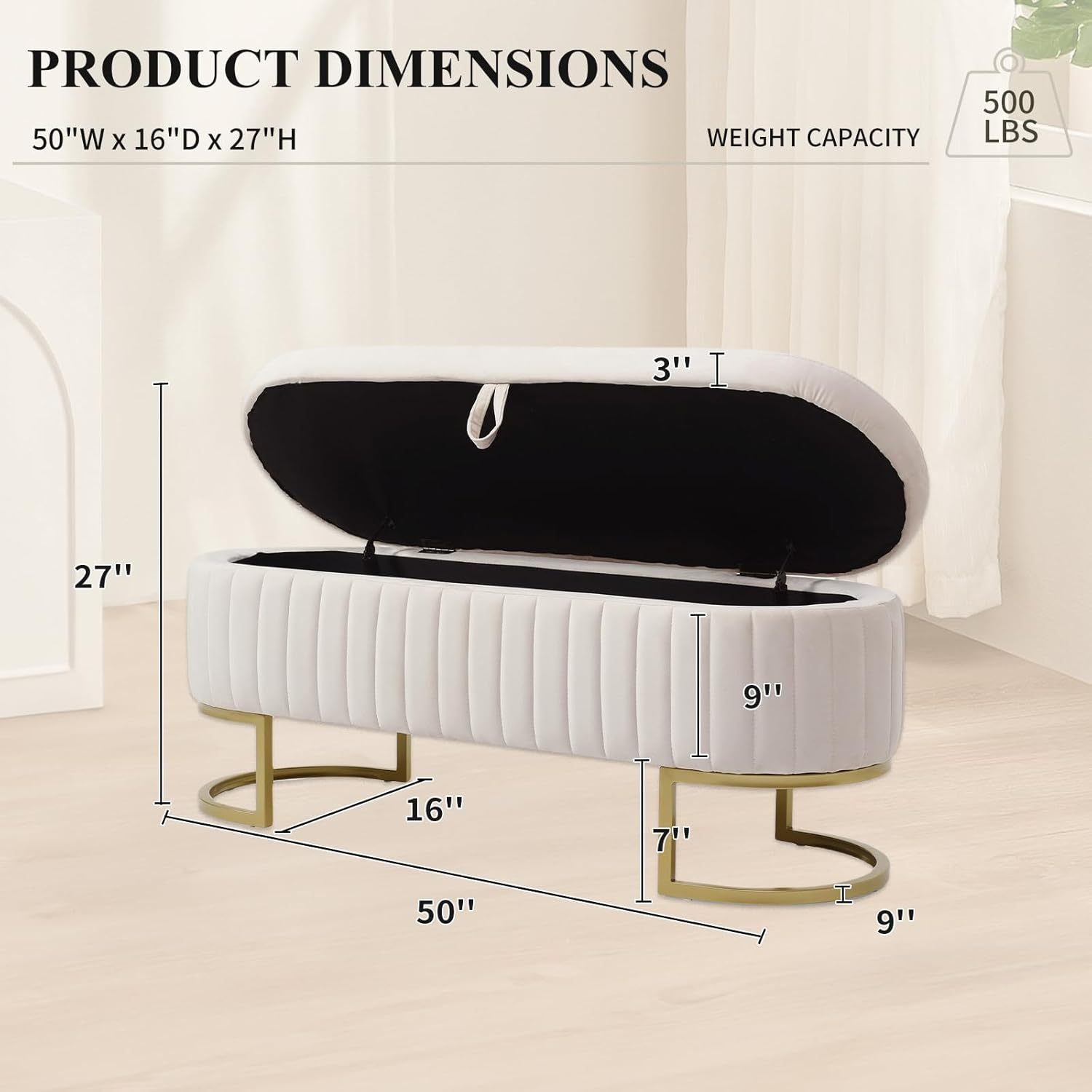 50" Storage Ottoman Bench, Velvet Upholstered End Bed Bench with Metal Legs, Tufted Entryway Bench with Ring-Pull