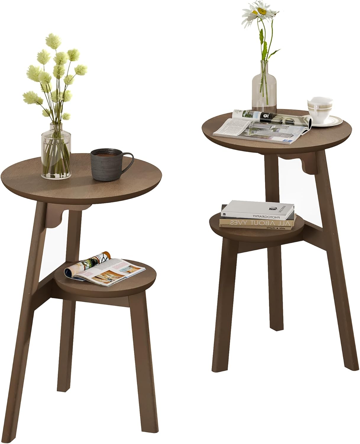 Round End Table Set of 2, Narrow Side Table for Small Spaces