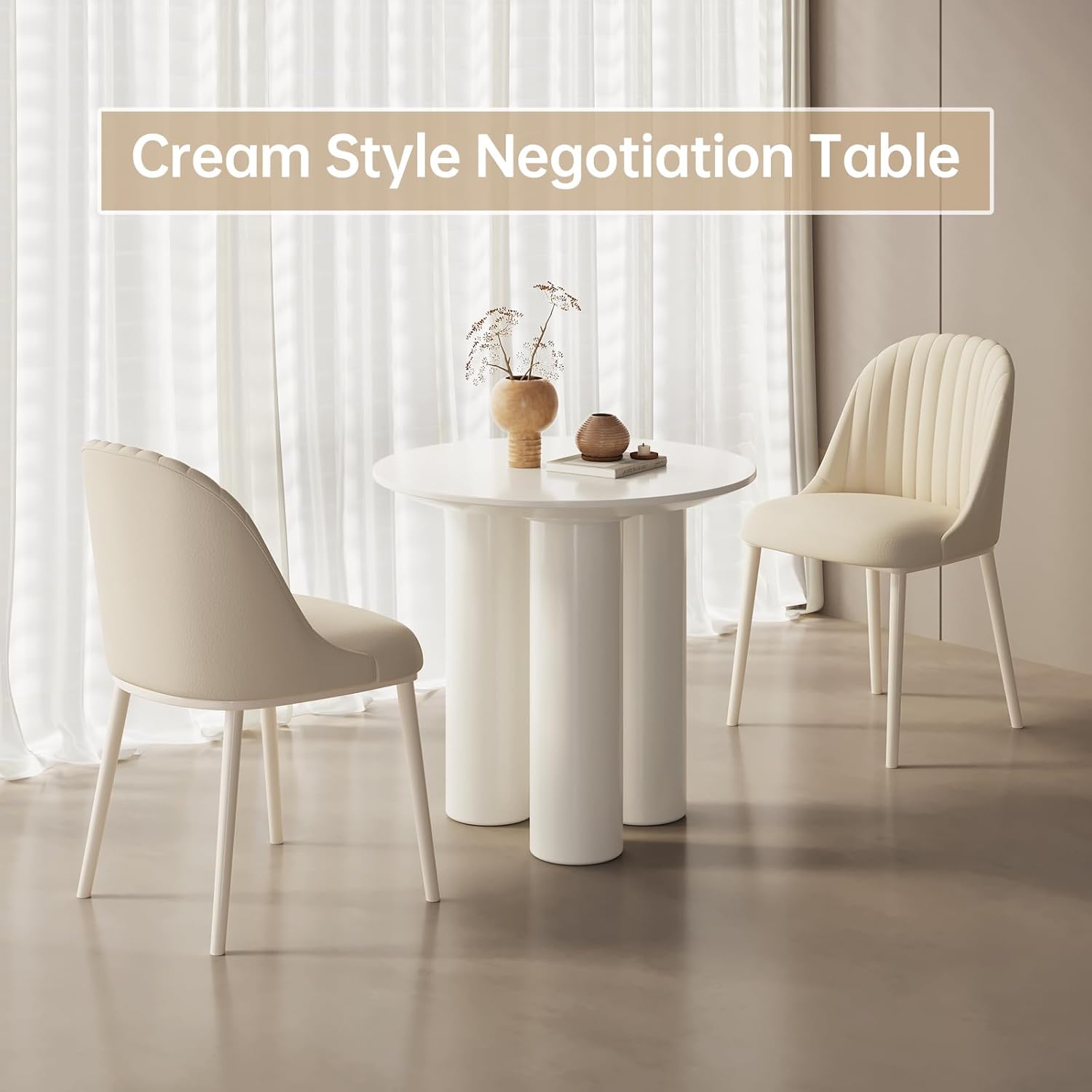 30" Kitchen Dining Table with 3 Powerful Support Legs, Modern Dining Room Table with Cream Smooth Surface and Round Edge