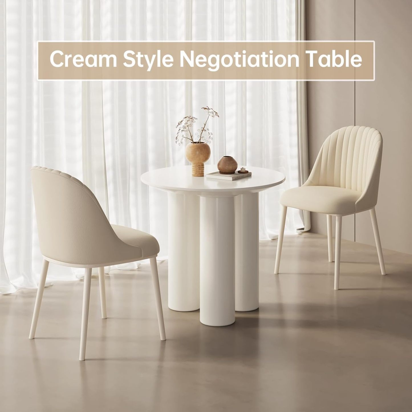 30" Kitchen Dining Table with 3 Powerful Support Legs, Modern Dining Room Table with Cream Smooth Surface and Round Edge