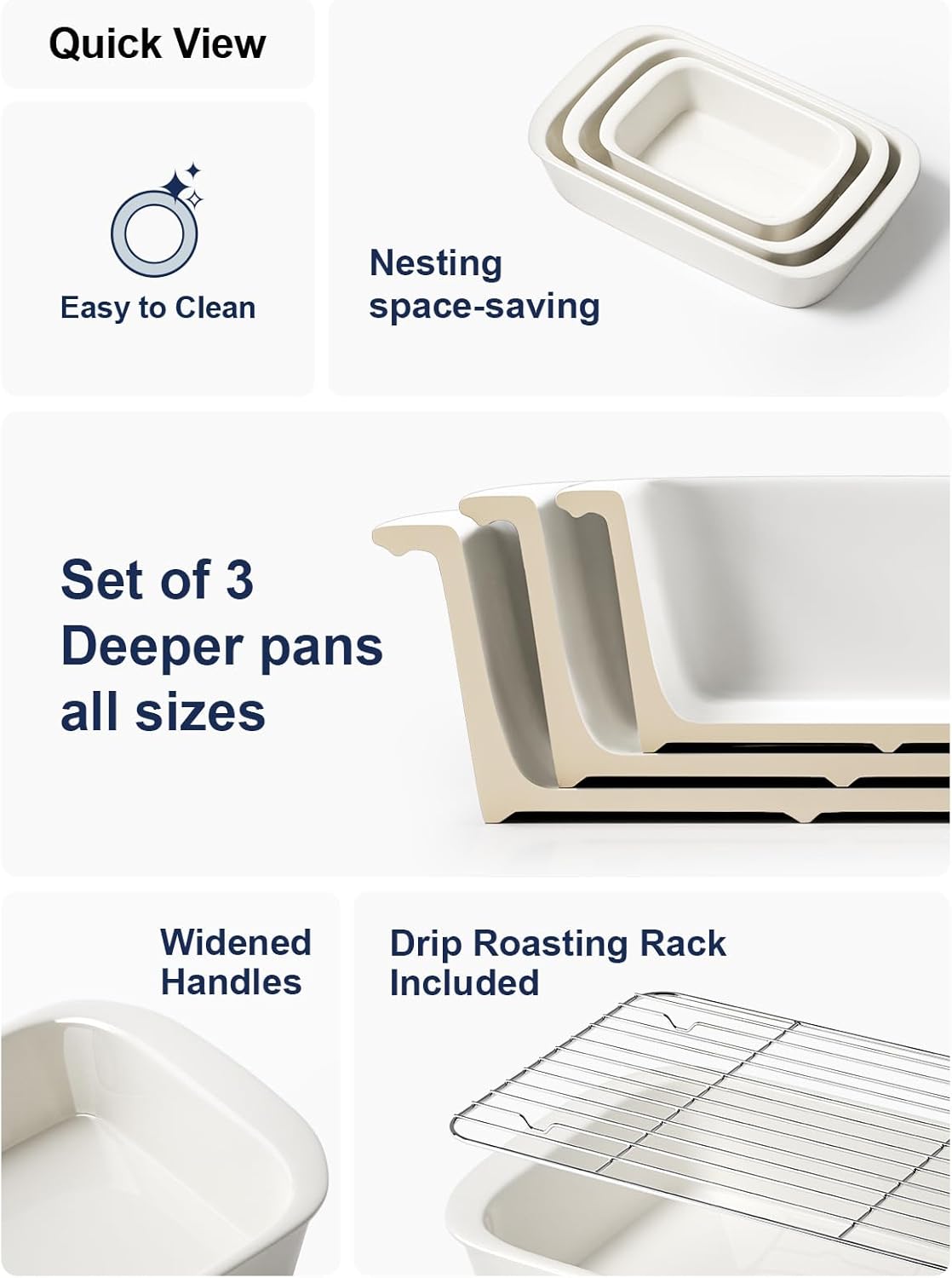 Deep Casserole Dishes for Oven, 13.7”x9.6” Ceramic Baking Dish Set with Roasting Racks, Large Lasagna Pans with Handles