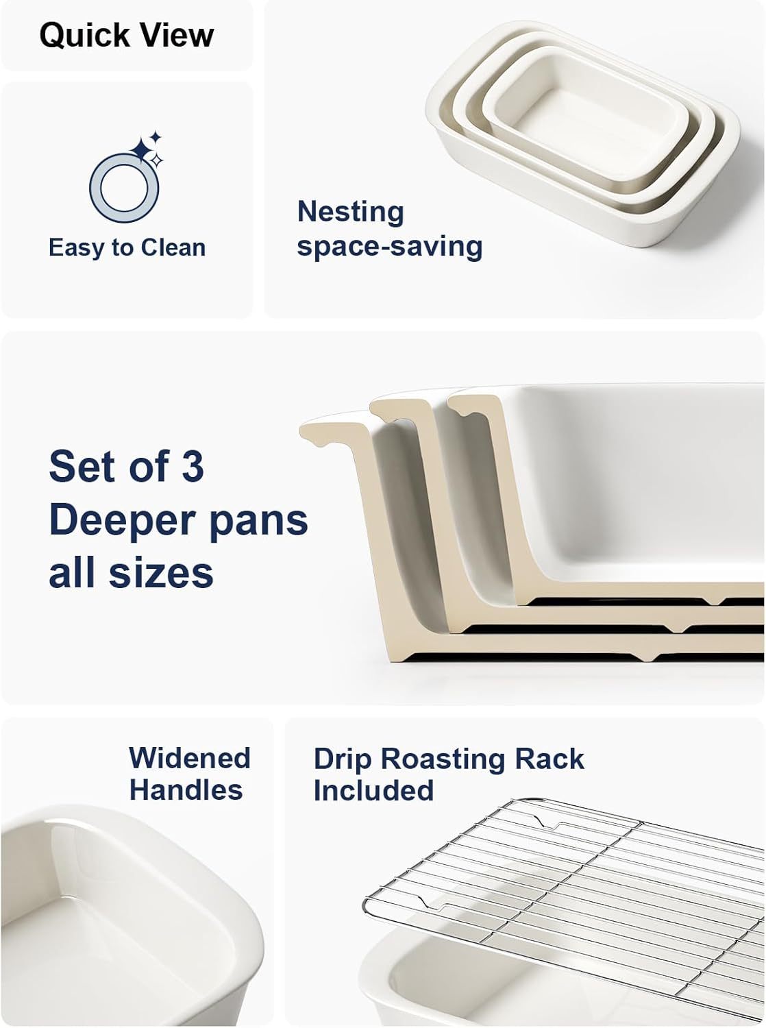 Deep Casserole Dishes for Oven, 13.7”x9.6” Ceramic Baking Dish Set with Roasting Racks, Large Lasagna Pans with Handles