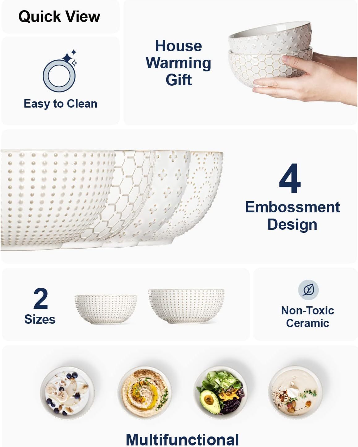 Cereal bowls 26 oz, Ceramic Soup Bowl for Kitchen, Embossment Stoneware Bowl for Pho, Chip, Fruits, Salad, Noodle, Ramen