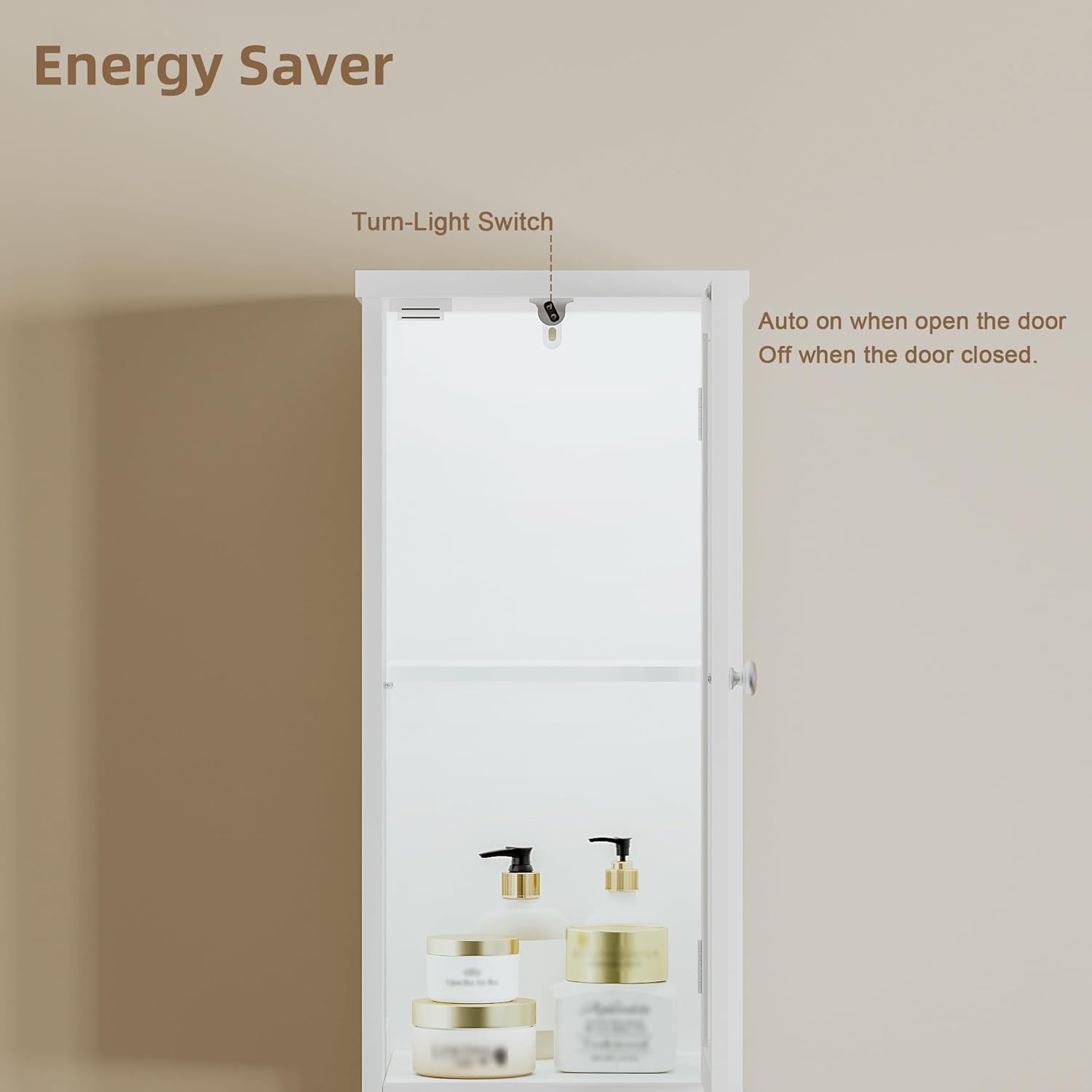 Tall Bathroom Storage Cabinet with Light, 5-Tier Narrow Bathroom Cabinet with 2 Doors