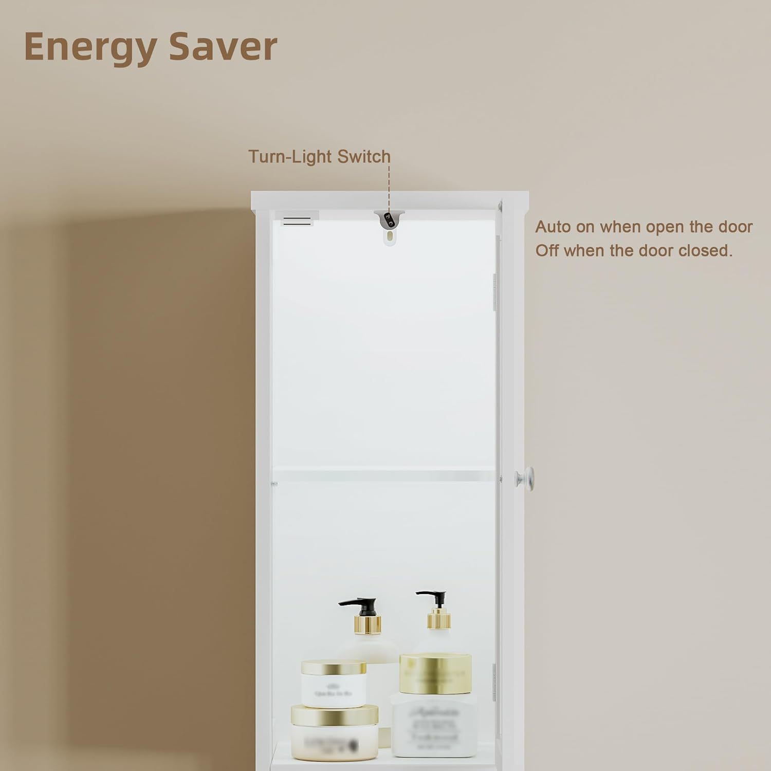 Tall Bathroom Storage Cabinet with Light, 5-Tier Narrow Bathroom Cabinet with 2 Doors