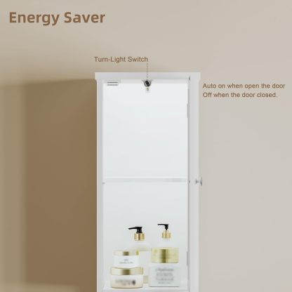 Tall Bathroom Storage Cabinet with Light, 5-Tier Narrow Bathroom Cabinet with 2 Doors