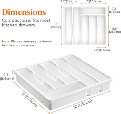 Silverware Organizer with Lid, Covered Utensil Tray for Kitchen Drawer and Countertop, Plastic Cutlery and Flatware Storage Box