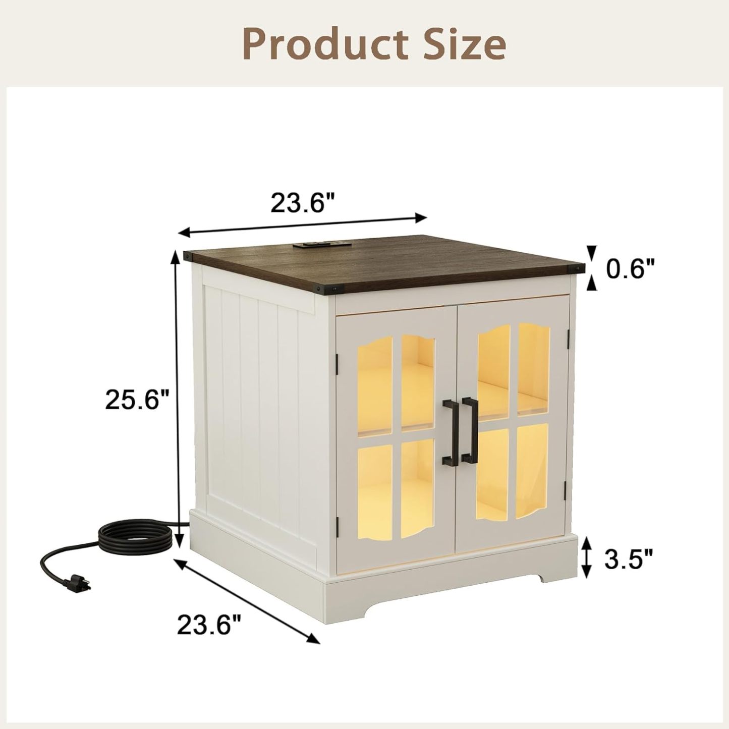 Farmhouse End Table, 24" Large Sofa Side Table with Charging Station & LED Light, White Nightstand with Adjustable Storage Shelf