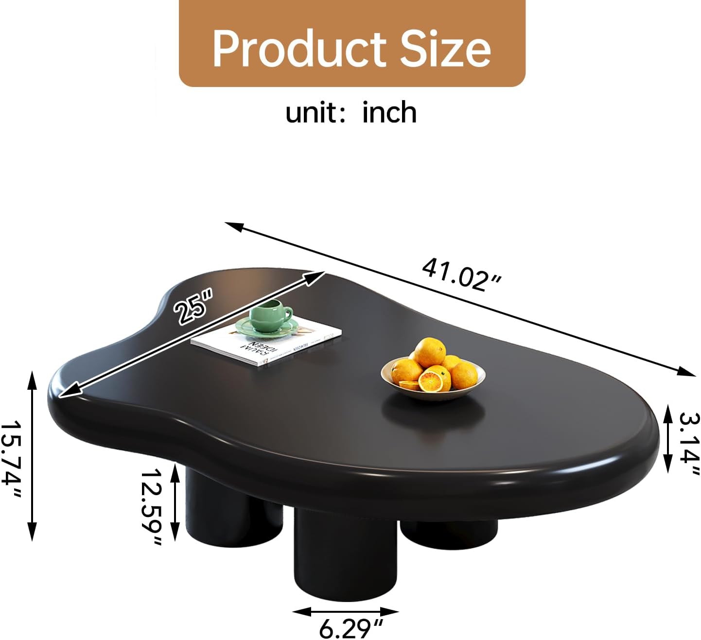 35.82" Black Cloud Coffee Table, Modern Round Edge Coffee Table with 4 Sturdy Support Legs and 2.67" Thick Tabletop,Easy Match for Living Room