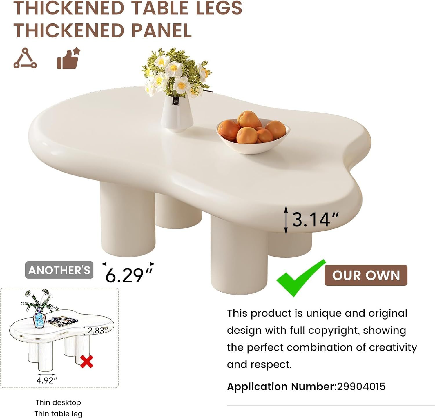 41.02" White Cloud Coffee Table, Modern Round Edge Coffee Table with 4 Sturdy Support Legs and 2.67" Thick Tabletop,Easy Match for Living Room