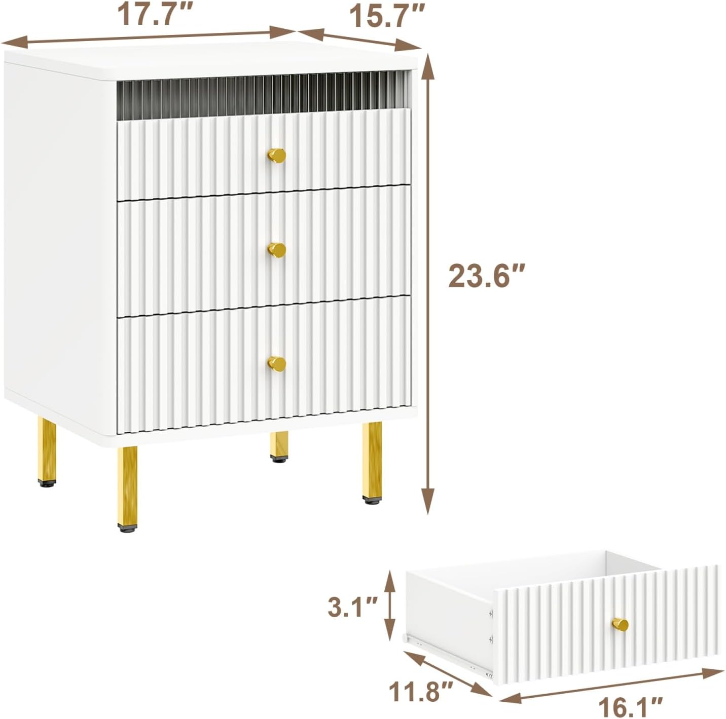 Night Stand, Fluted White Nightstand with 3 Drawers, End Table with Gold Legs and Handles