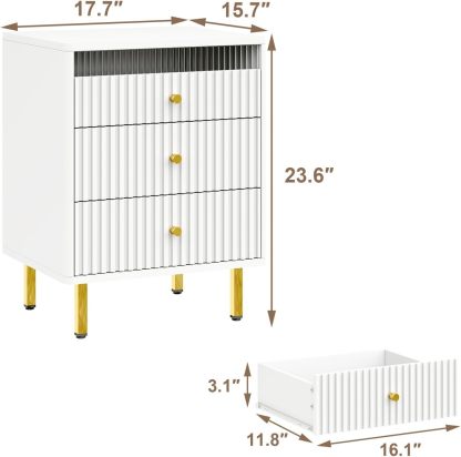 Night Stand, Fluted White Nightstand with 3 Drawers, End Table with Gold Legs and Handles