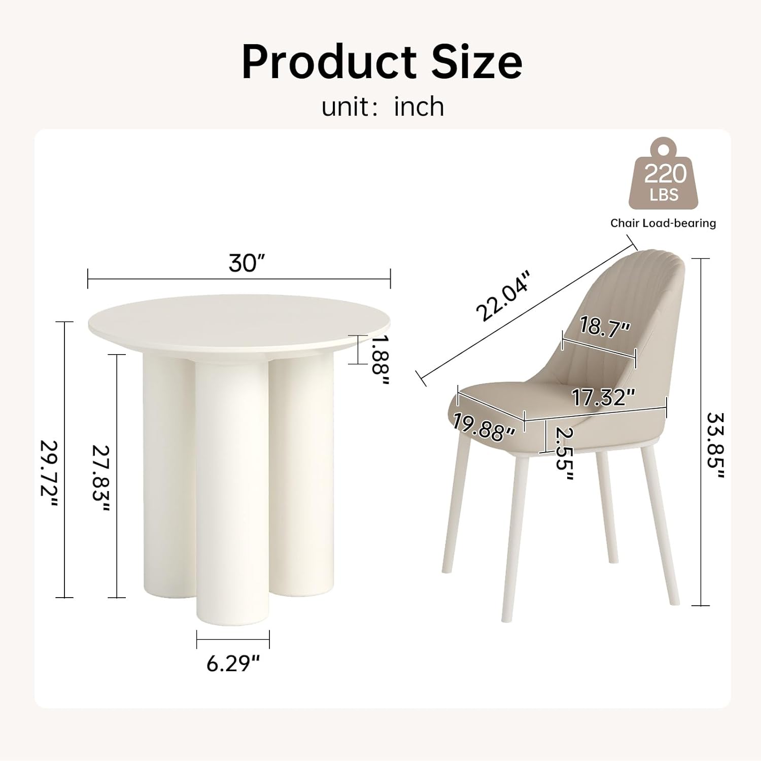 30" Kitchen Dining Table with 3 Powerful Support Legs, Modern Dining Room Table with Cream Smooth Surface and Round Edge