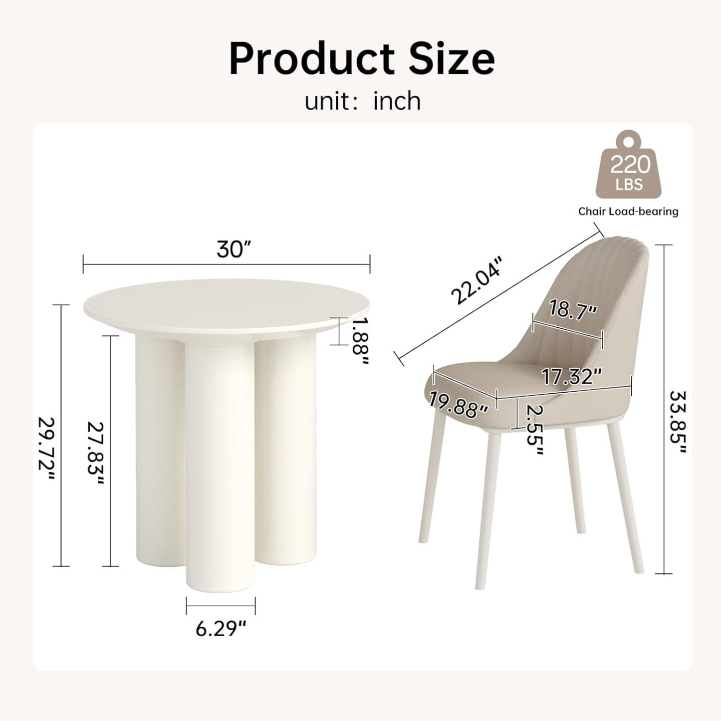 30" Kitchen Dining Table with 3 Powerful Support Legs, Modern Dining Room Table with Cream Smooth Surface and Round Edge