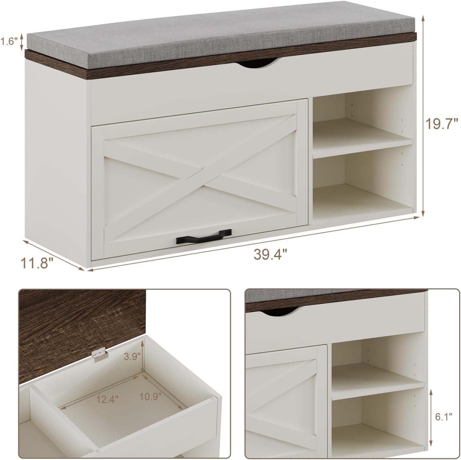 Storage Bench with Cushion, Shoe Bench with Lift Top Storage, Adjustable Shelf, Shoe Cabinet