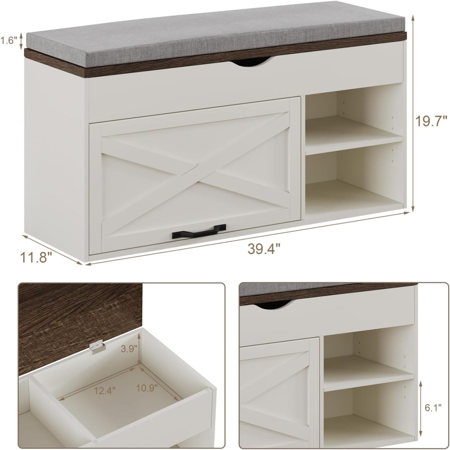 Storage Bench with Cushion, Shoe Bench with Lift Top Storage, Adjustable Shelf, Shoe Cabinet