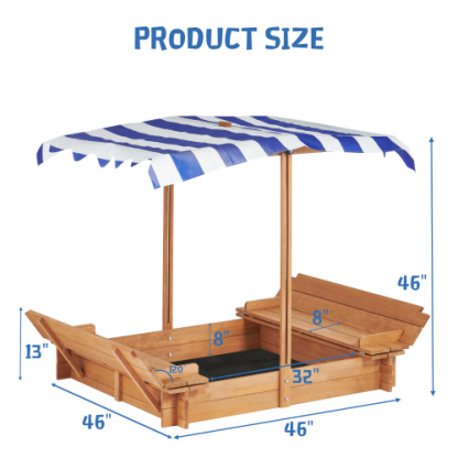 Wooden Kids Sandbox with Cover, Children Outdoor Sand Box with Foldable Bench Seats, Adjustable Canopy