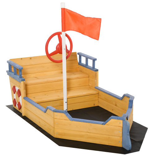 Wooden Kids Pirate Sandbox, Outdoor Sandboat with Bench Seats, Storage, Non-Woven Fabric Cloth for Backyard