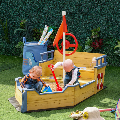 Wooden Kids Pirate Sandbox, Outdoor Sandboat with Bench Seats, Storage, Non-Woven Fabric Cloth for Backyard