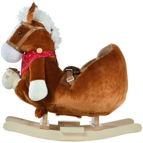 Bear-Shaped Plush Toddler Ride on Horse with Sound, Wooden Base & Safety Belt for 18-36 Months