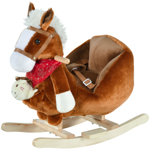 Bear-Shaped Plush Toddler Ride on Horse with Sound, Wooden Base & Safety Belt for 18-36 Months