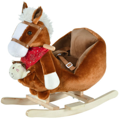 Bear-Shaped Plush Toddler Ride on Horse with Sound, Wooden Base & Safety Belt for 18-36 Months