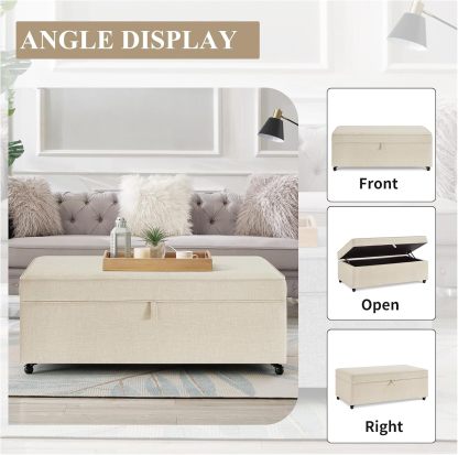 Storage Ottoman Bench, Linen Upholstered Ottoman Bench with Wheels, Multi-Function Bed Bench with Wood Frame