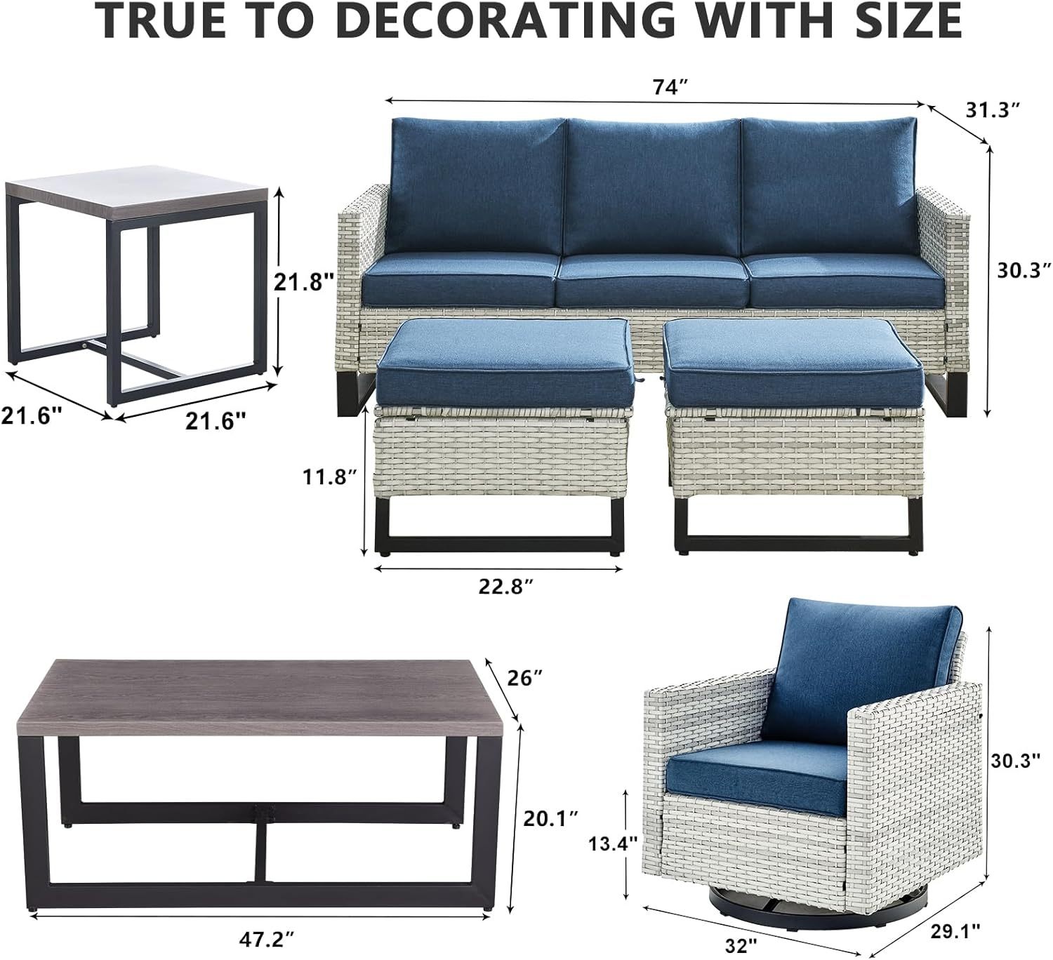 7 Piece Patio Furniture Set Outdoor Sectional Sofa,High Back Patio Swivel Rocker Chairs with Ottomans Coffee Table for Porch