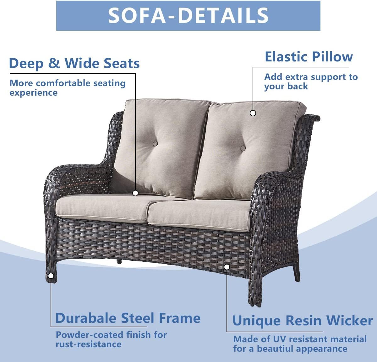 Outdoor Loveseat Sofa 2-Seat PE Rattan Patio Love Seat with Cushions,Deep Seat High Curved Back Armset Sectional Couch for Patio,Garden,Yard,Porch