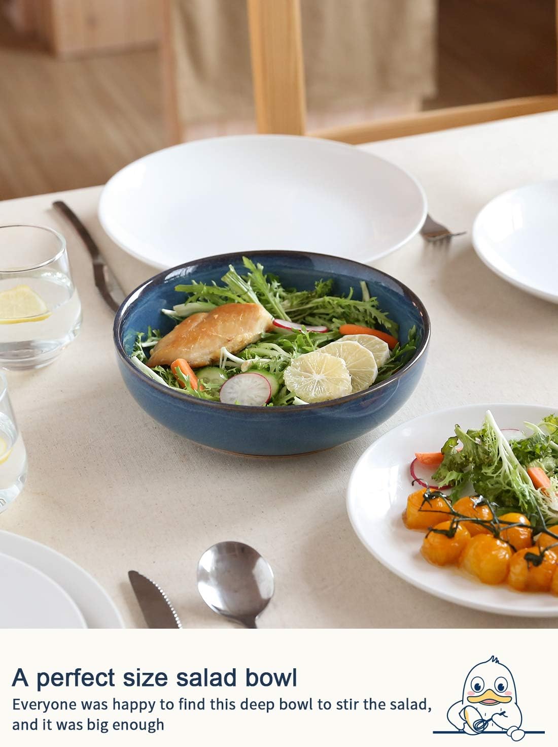 Pasta Bowls 45 Ounce, Ceramic Salad Bowl, Large Serving Bowl Set - Set of 4, Ceylon Blue