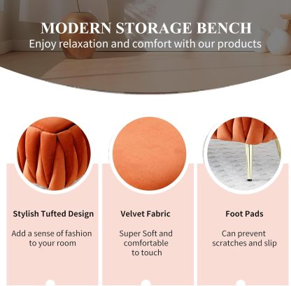 Modern Storage Ottoman Bench, Velvet Upholstered End Bed Bench with Hand Weaving Deign